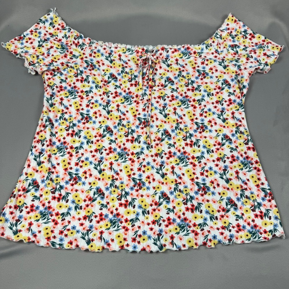 Rue21 Rue+ Womens 4X Floral Off Shoulder Ribbed Lace Up Top White Multicolor NEW